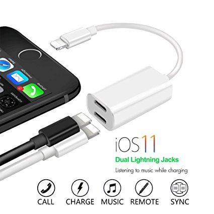iPhone 7 & iPhone 8 Lightning Splitter, Dual Port Charging and Headphone Adapter,2 in 1 Charge and Audio Listen to Music at the Same Time, Support iOS 11 and before
