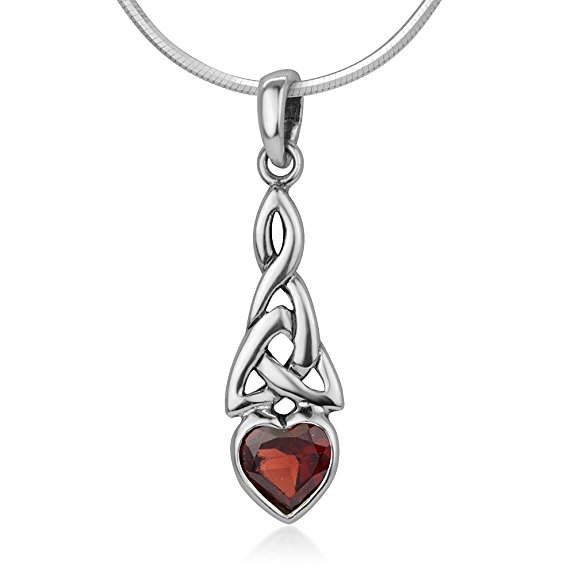 925 Sterling Silver Triquetra Celtic Knot Gemstone Heart Endless Love Pendant Necklace, 18"