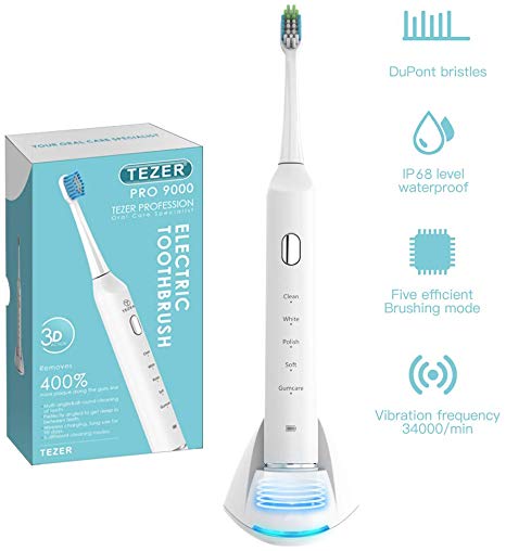 Tezer Pro 9000 Sonic Power Toothbrush IPX7 Waterproof 5Modes with USB Wireless Charging Base Holder, 2 Minutes Smart Timer, 4 Hours Charge for 30 Days Use, Dentist Recommended Electric Toothbrush, FDA Approved