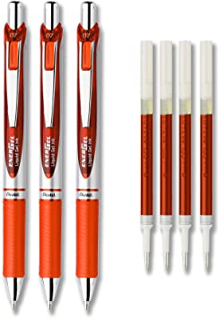 Pentel EnerGel Deluxe RTX Liquid Gel Ink Pen Set Kit, Pack of 3 with 4 Refills (Orange - 0.7mm)