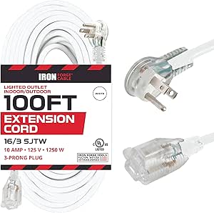 Iron Forge Cable 100 FT White Outdoor Extension Cord with Lighted Flat End 3 Prong Electrical Power Outlet - 16/3 SJTW Durable Cable