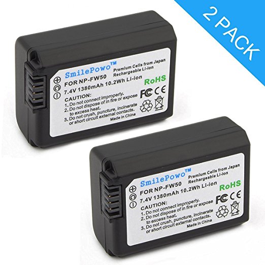 SmilePowo 2 Pack NP-FW50 Battery for Sony Alpha 7 7R 7R II 7S a7R a7S a7R II a5000 a5100 a6000 a6300 NEX-7 SLT-A37 DSC-RX10 DSC-RX10 II III 7SM2 ILCE-7R Digital Camera
