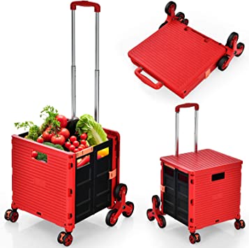 COSTWAY Folding Shopping Trolley, Collapsible Boot Cart with Wheels, Lid and Telescopic Handle, Stair Climber Grocery Crate Box Utility Carts, 40kg Capacity (Red)