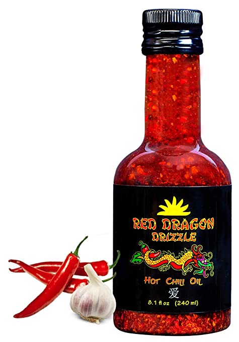 Red Dragon Drizzle -- Spicy Garlic Chili Oil -- Condiment & Ingredient, High-Oleic Sunflower Oil with Hot Chili Flakes, Vegan, Gluten-Free & Paleo