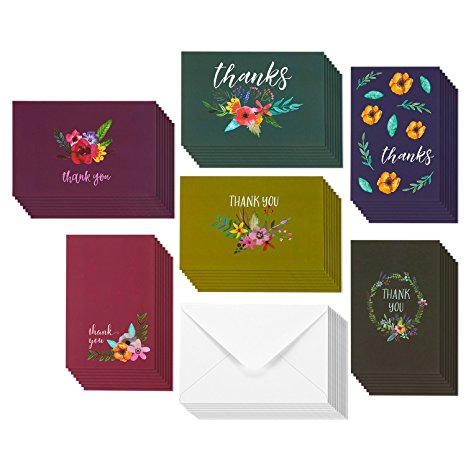 48 Thank You Greeting Cards - Jewel Toned Watercolor Flower Floral Thank You Designs, Envelopes Included - 4 x 6 Inches