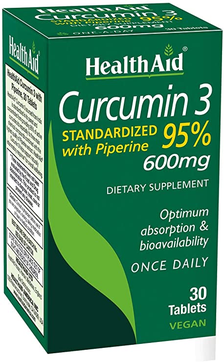 Curcumin 3, 30ct, 600mg Once Daily Tablets, Helps with Optimum Absorption 7 Bioavailability, Standardized with Piperine