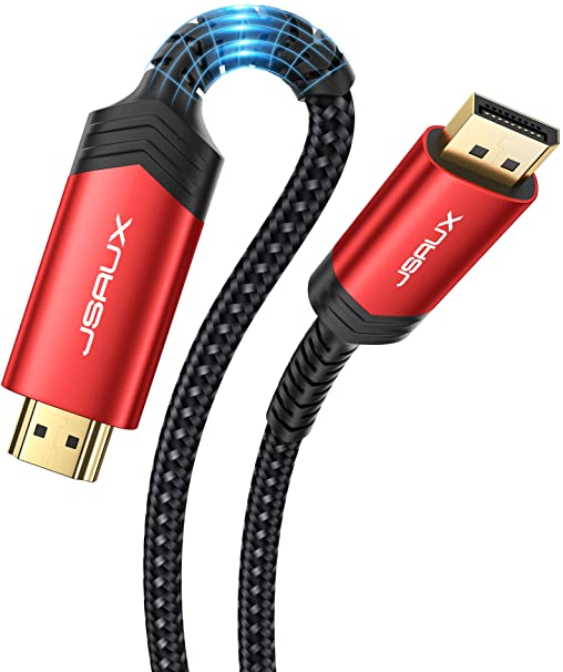 DisplayPort to HDMI Cable 6.6FT, JSUAX DP to HDMI Display to HDMI Video Cable Nylon Braided DP to HDTV Video Unidirectional Cord for Monitor, Projector, Desktop, AMD, NVIDIA, Lenovo, HP, ThinkPad-Red