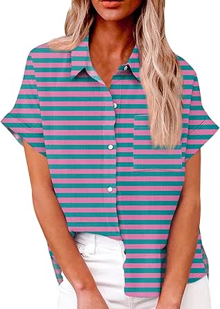 Striped Button Down Shirt Women Short Sleeve 2024 Oversized Collared Blouse Casual Summer Dressy Work Trendy Tops