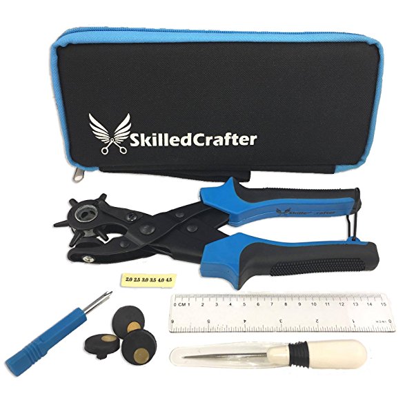 Skilled Crafter Leather Belt Puncher with Case. Heavy Duty Revolving Punch With 6 Round Hole Sizes to Choose From. Includes Useful Accessories. Professional Quality Set   Exceptional 2 Year Warranty