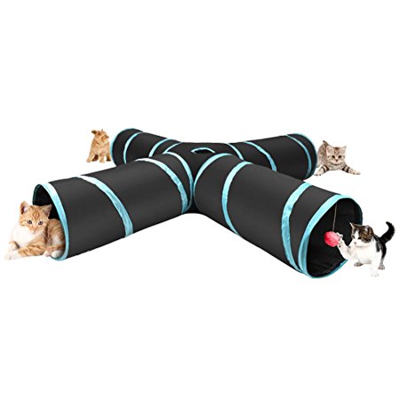 SlowTon Cat Tunnel Toy, Crackle Paper Collapsible Tube Three Connected Run Road Way Tunnel Catnip House with Fun Ball Puzzle Exercising and Playing for Kitten, Rabbits and Small Dogs