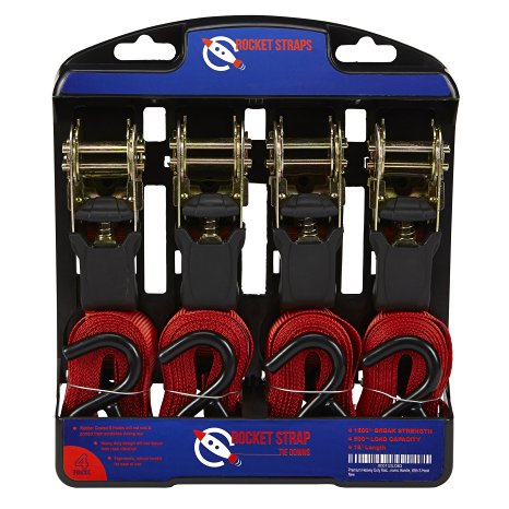 Rocket Straps - Premium Ratchet Tie Downs 4 Pack - 15 Feet - 1500 Pound - Heavy Duty Ratcheting Hold Down Motorcycle, ATV, Moving Appliances, Camping, Lawn Equipment and Truck Use - Secure Your Cargo
