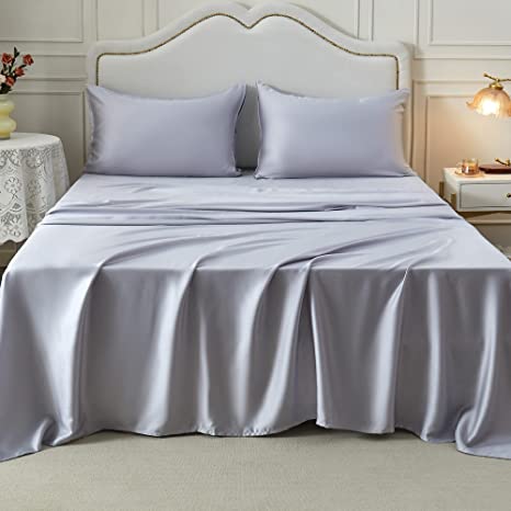 Jepson 100% Lyocell Soft Silky Like Cooling Solid Bedding Sheets & Pillowcases Set for Bed Hotel- 4 Pc (2 Zipper Pillowcases, 1 Flat Sheet, 1 Fitted Sheet) Fits Mattress 16" Deep Pocket,Queen Grey