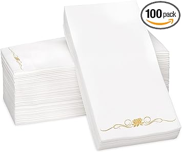 Gold Foil Stamped Airlaid Paper Dinner Napkins – 1/6 Fold 12"x17" Disposable Guest Hand Towels - Absorbent, Linen-Like Feel for Weddings, Receptions, Parties and Bathroom (Gold, 100 Count)