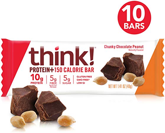 think! (thinkThin) Protein  150 Calorie Bars - Chunky Chocolate Peanut, 10g Protein, 5g Sugar, No Artificial Sweeteners, Gluten Free, GMO Free, 1.4 oz bar (10 Count - packaging may vary)