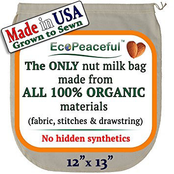 100% Organic Nut Milk Bag. USA Grown Organic Cotton. Easy Squeeze (Open Weave) Fabric. Sewn w/Organic Cotton Threads. All 100% Undyed, Unbleached