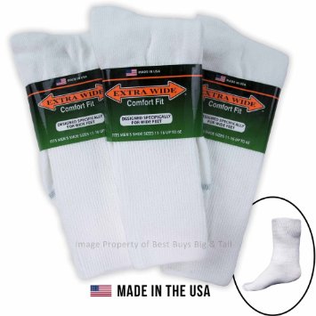 Big & Tall Men's Extra Wide Socks Athletic Crew Size 11-16 WHITE 3-Pack #1214A
