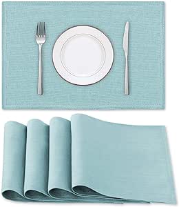 H.VERSAILTEX Linen Placemats Set of 4 Premium Solid Table Placemats for Dining Table Spill-Proof Waterproof Table Mats Heat-Resistant Kitchen Table Mats Washable, 12x18 inches, Aqua
