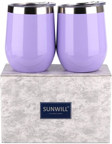 SUNWILL Insulated Wine Tumbler with Lid Lavender 2 pack, Double Wall Stainless Steel Stemless Insulated Wine Glass 12oz, Durable Insulated Coffee Mug, for Champaign, Cocktail, Beer, Office