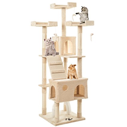 PURLOVE® 175cm 3 Platform Cat Tree with Scratching Post Pet Cat Arch Scratcher Activity Tree Cat Climbing Play Tower Tree (Beige)