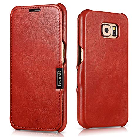 SLEO Samsung Galaxy S6 Case, SLEO "Gentle Series" Folio Flip Corrected Leather Case[Vintage Classic Series] [Genuine Leather] with Magnetic Closure for Samsung Galaxy S6 (Retro Red)