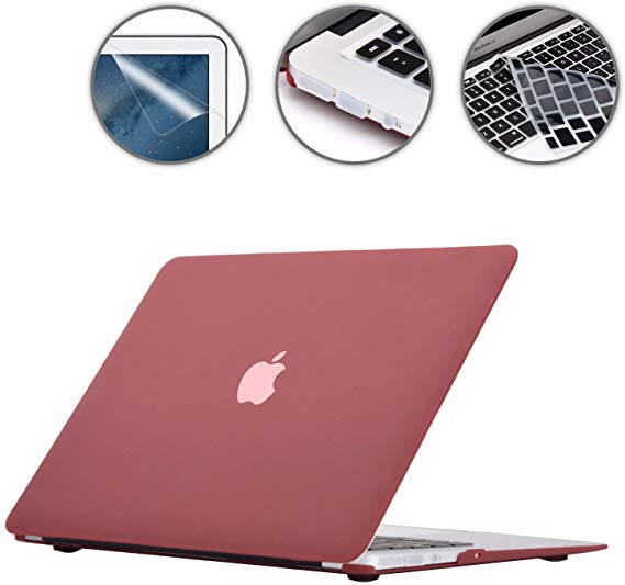 Applefuns(TM) 4 in 1 Kit Matte Hard Shell Case   Keyboard Cover   Screen Protector   Dust Plug for Macbook Air 13" A1369 A1466 (Wine Red)