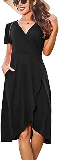HUSKARY Womens Summer Short Sleeve V Neck Wrap Midi Dress with Pocket