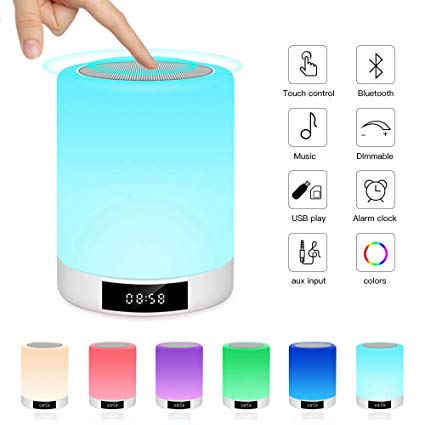 Night Lights Bluetooth Speaker, Ranipobo Wireless Stereo Speaker with Alarm Clock, MP3 Music Player, FM Radio, Touch Control LED Lamp Dimmable Warm Lights & 7 Colors Themes for Kids, Party, Bedroom