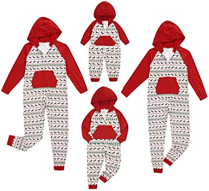 Family Matching Christmas Pajamas Set Sleepwear Jumpsuit Hoodie with Hood Matching Holiday PJ's for Family