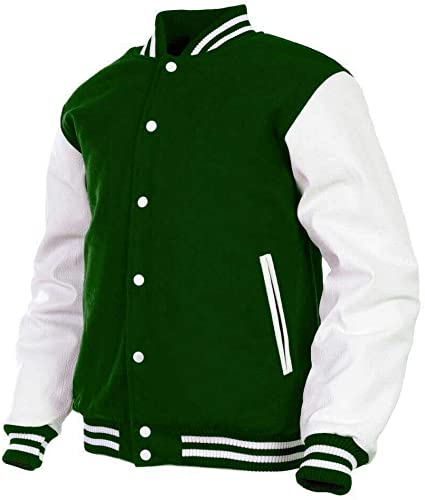 New Mens Genuine Leather Sleeve and Wool Blend Letterman College Varsity Jackets
