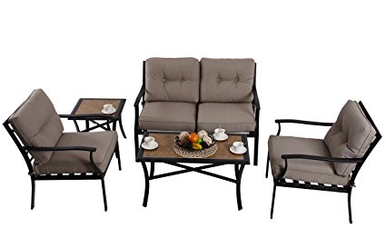 PHI VILLA Patio 5 PC Padded Conversation Set Cushioned Chairs Outdoor Sectional Furniture, Beige