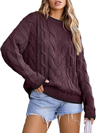 EVALESS Sweaters for Women Trendy Crewneck Long Sleeve Color Block Sweater Tops Fall 2024 Chunky Cable Knit Pullover Sweaters