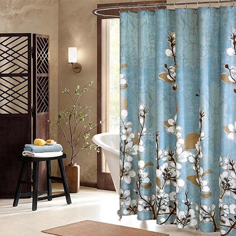 DS BATH Hanakotoba Blue Shower Curtain,Flower Polyester Mildew Resistant Shower Curtain,Plants Shower Curtains for Bathroom,Floral Bathroom Curtains,Print Waterproof Shower Curtain,72"W x 72"H