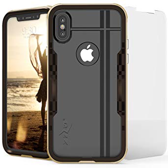 Zizo Shock 2.0 Series Compatible with iPhone X Case Military Grade Drop Tested with Tempered Glass Screen Protector iPhone XS Gold Brown