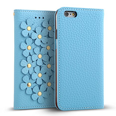 iPhone 6s / 6 Case (4.7") DESIGNSKIN WETHERBY [FLOWER PATCH] Genuine Cow Leather 100% Handcrafted Unique Luxurious Design ID Credit Card Paper Bill Slot Wallet Case (Sky Blue)