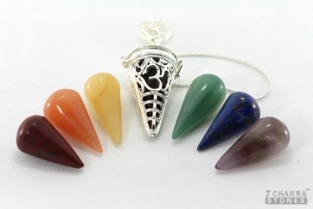 7 Chakra Stones® Silver Om Cage Pendulum with Chakra Cones