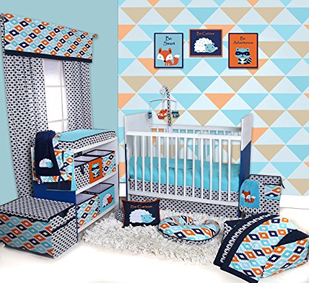 Bacati Liam Aztec 10 Piece Nursery-in-a-Bag Cotton Percale Crib Bedding Set with Bumper Pad, Aqua/Orange/Navy