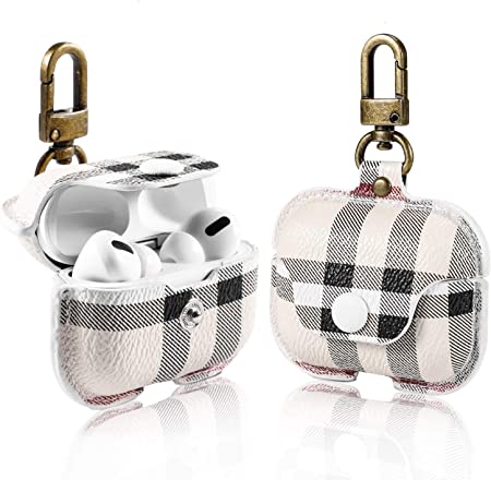 Airpods Pro Case, Full-Body Hard Shell Shock-Absorbing Cute Retro Plaid Protective Leather Case for AirPods Pro Charging Case Cover Skin with Keychain Only fit for AirPod Pro 3 (B)
