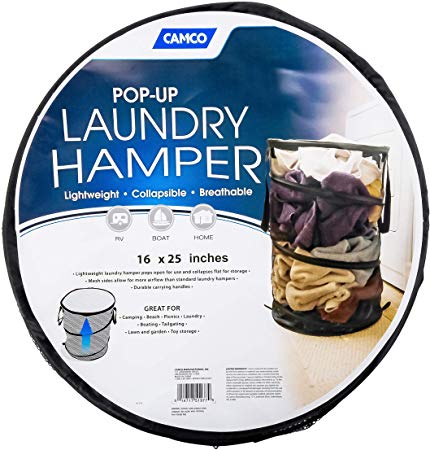 Camco Pop Collapsible Mesh Hamper Basket with Handles-Easy to Store and Clean, Perfect for Travel, Dorms, and More, Minimizes Moisture Caused Laundry Odors-Black (51977)