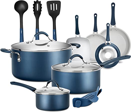 NutriChef Kitchenware Pots & Pans High-Qualified Basic Kitchen Cookware, Non-Stick (14-Piece Set), One Size, Blue