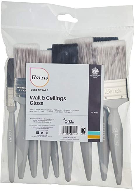 Harris 101011007 Woodwork & Gloss Essentials Walls & Ceilings and Woodwork Gloss Paint Brush 10 Pack, 1 x 1.5, 1 x 2 1 x 0.5, 1 x 1, 2 x 1.5, 2X 2 Emulsion