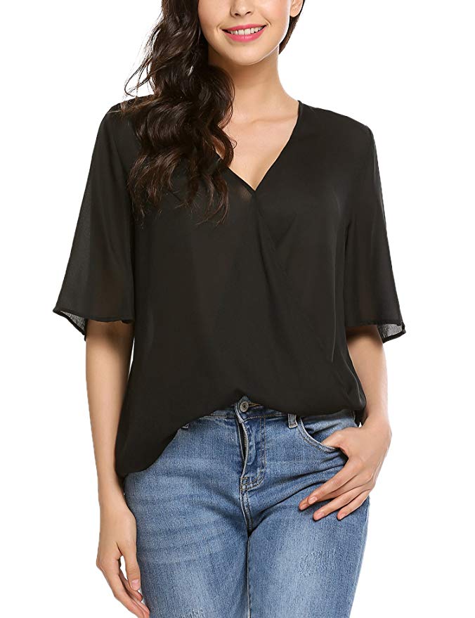 Beyove Women Chiffon V Neck Blouse Shirts Ruffle Loose Fit Tops