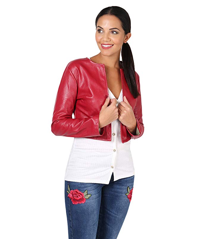 KRISP Womens Ladies PU Leather Cropped Jacket Open Blazer Long Sleeve Bolero Shrug Coat