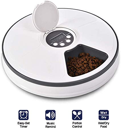 XIAPIA Automatic Pet Feeder with Timer for Cats & Dogs, Suits Dry or SEMI Food for Kitten & Puppy, Portion Control, Dishwasher-Safe 2oz x 6-Meal