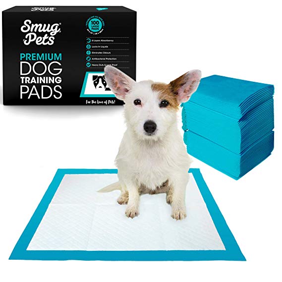 SmugPets 100 Premium Dog & Puppy Training Pads - Super Absorbent 6 Layers for Quick Dry, Odor Elimination & Anti Bacterial with Pheromones for Fast Housebreaking – Large Puppy Pads - 60cm x 60cm