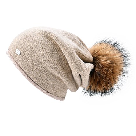 Womens Beanie Hats for Winter Wool Warm Cap Real Fur Pom Pom Knit Beanie Caps