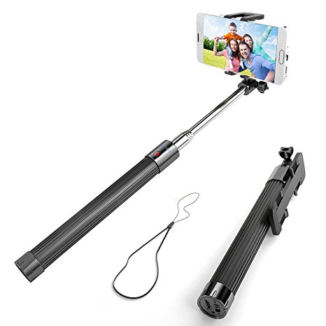 Selfie Stick, Enther Self-portrait Monopod Extendable Wireless Bluetooth Selfie Stick with built-in Bluetooth Remote Shutter With Adjustable Phone Holder for IOS and Android Devices (Black)