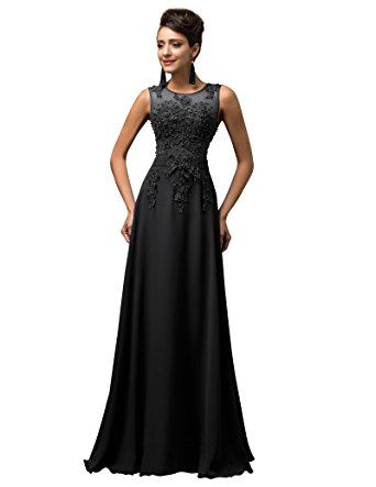 GRACE KARIN Chiffon V Back Evening Dresses Prom Gown With Beads Appliques