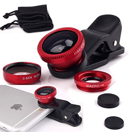 Luxsure Universal 3 in 1 Camera Lens Kit Clip-On 180 Degree Supreme Fisheye   0.65X Wide Angle  10X Macro Lens for iPhone 7, iPhone 6s/6s Plus, iPhone 6/6 Plus,iPhone 5 5S Samsung S7 Android(Red)