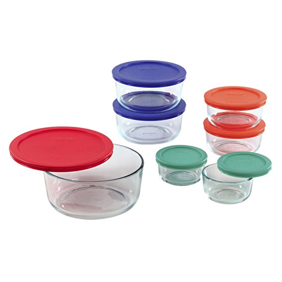 Pyrex Simply Store Glass Round Food Container Set with Multi-Colored Lids (14-Piece)