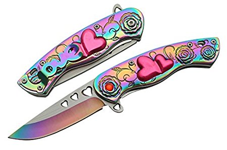 7" Cupid Heart Ladies Rainbow Pocket Knife with LOVE Pocket Clip Beautiful!